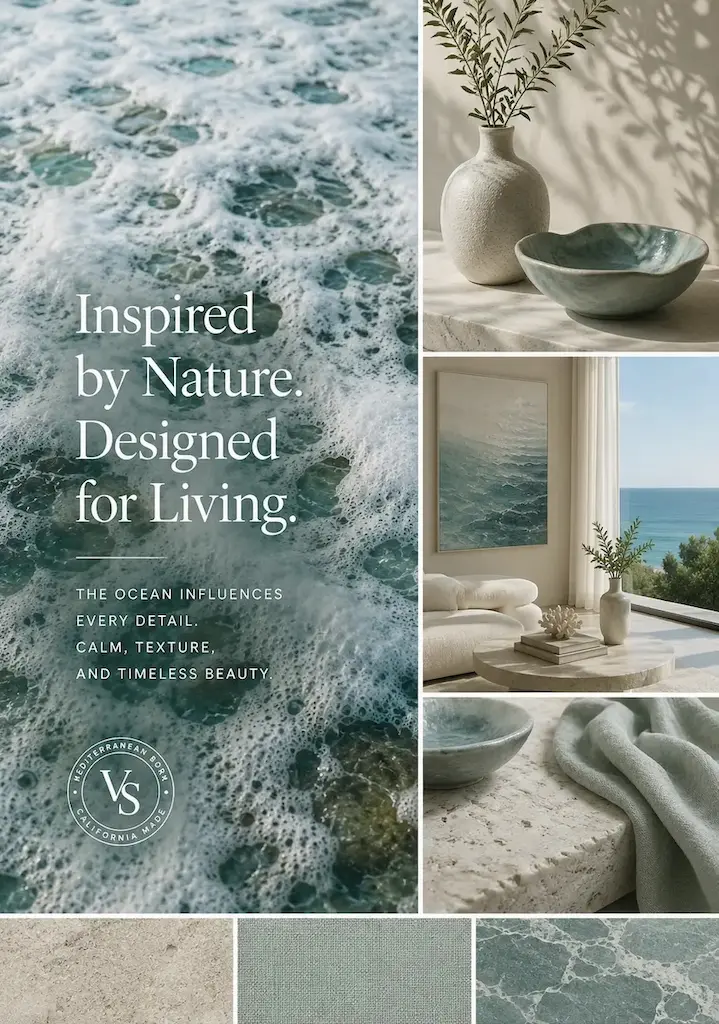 Foaming waves, pale stone, soft linen, and handmade ceramics reveal how nature's textures can be translated into calm, timeless interiors.