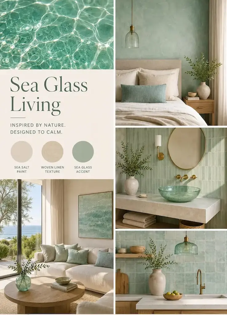 Sea glass, weathered limestone, natural linen, and handcrafted ceramics create a palette shaped by years of wind, water, and light rather than passing trends.