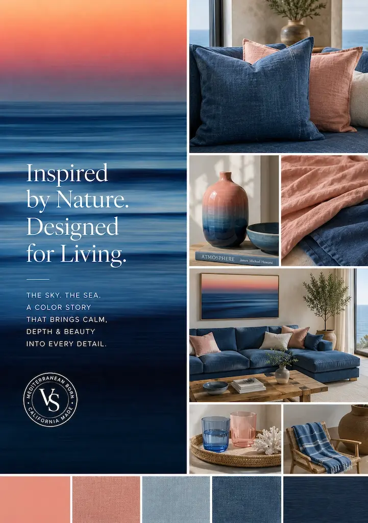 The coast offers more than blue and white. Soft coral skies, deep ocean blues, and natural textures prove that coastal living is defined by balance, warmth, and quiet contrast.