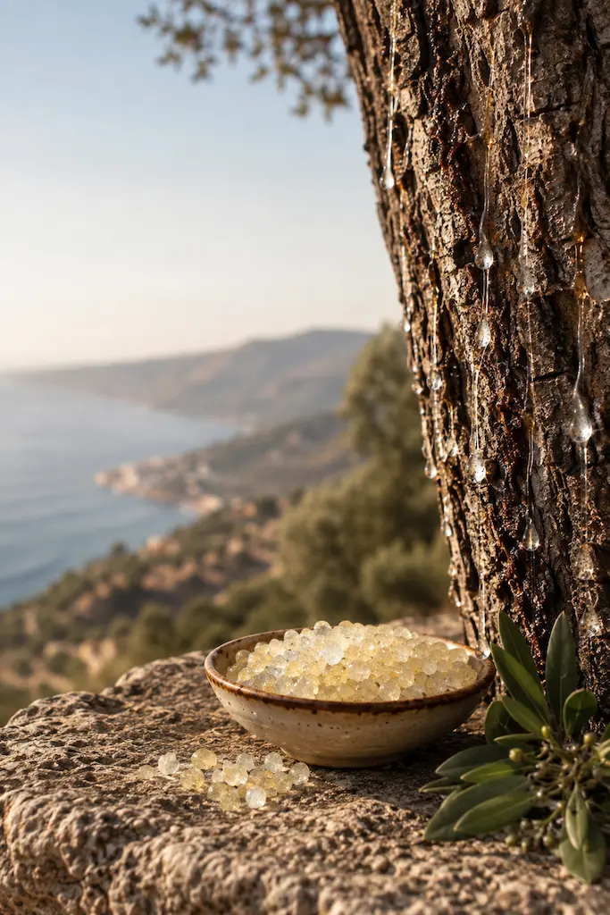 Mastic resin dripping from a tree beside harvested mastiha crystals on Chios, Greece