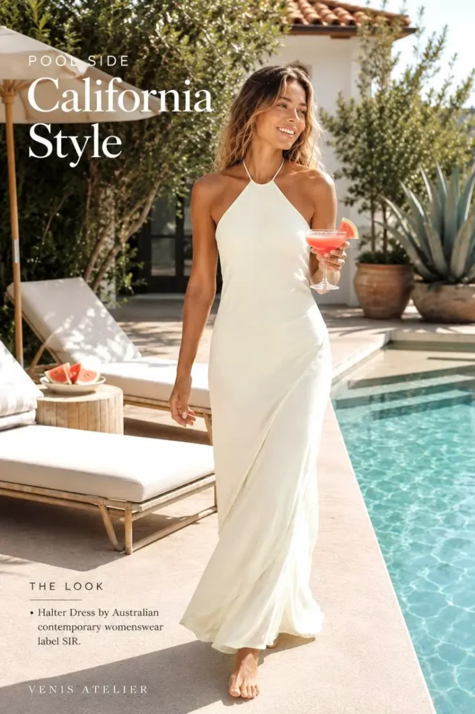 Woman wearing a white halter maxi dress walking beside a California-style pool with a summer cocktail on a sunny afternoon.