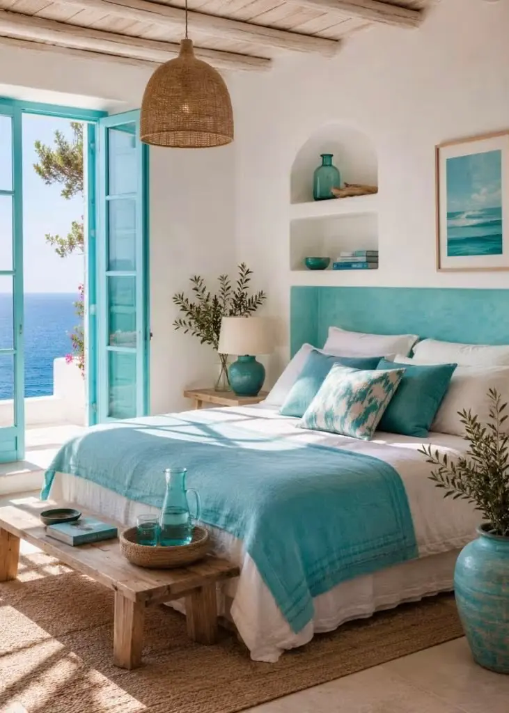Bright coastal bedroom with turquoise shutters, blue-green textiles, woven details, and a view of the sea.