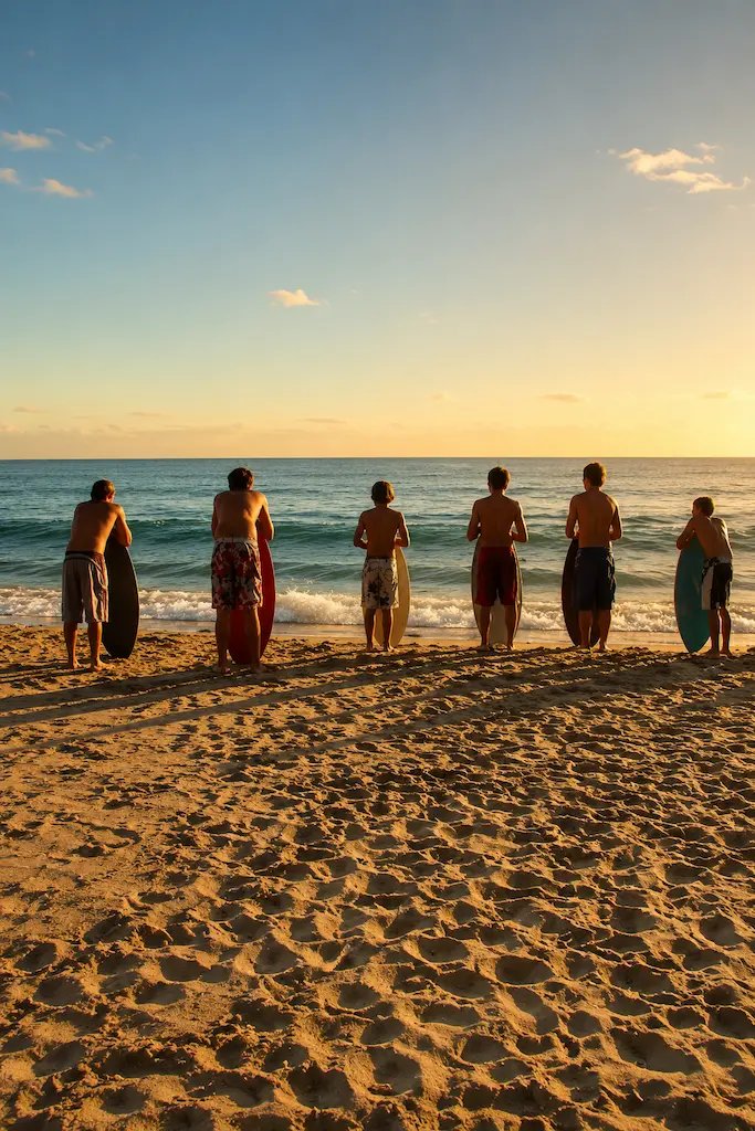 Six surfers stand with their boards at the shoreline, watching the waves in warm golden-hour light.