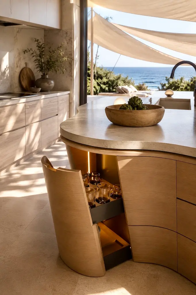This coastal kitchen borrows that philosophy with a sculptural pull-out cabinet tucked seamlessly into the island, turning an awkward corner into beautifully organized storage.