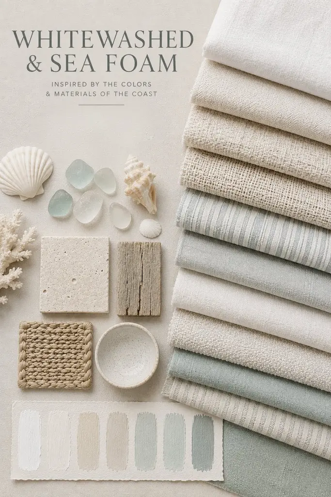 A palette inspired by weathered sea glass, pale limestone, linen, handmade ceramics and softly filtered daylight.