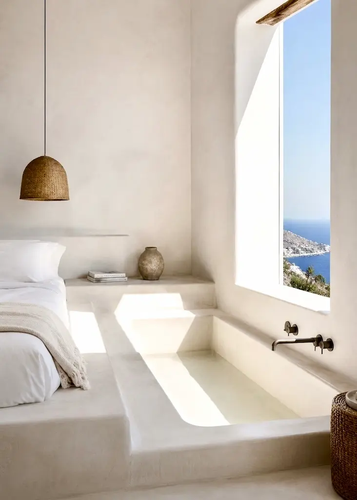 Minimal white bedroom with a built-in bed and plaster bathtub overlooking a blue coastal bay.