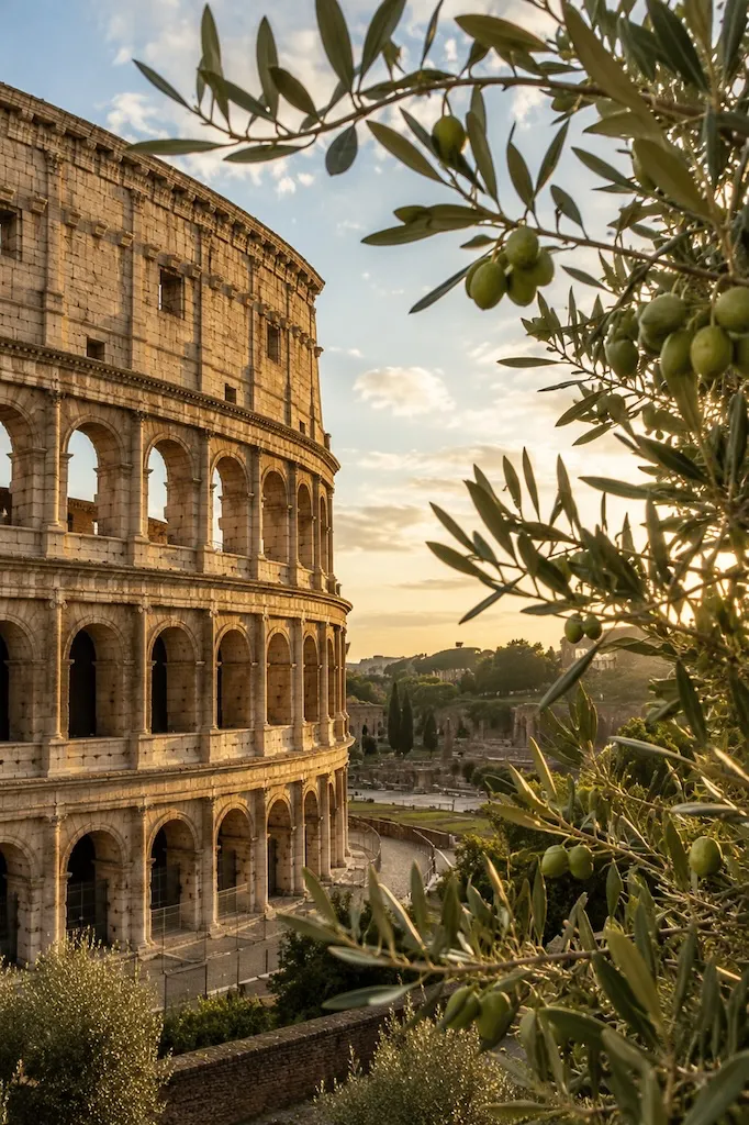 Olive branches framing the Colosseum at sunset, highlighting the living olive groves surrounding Rome's ancient landmark.