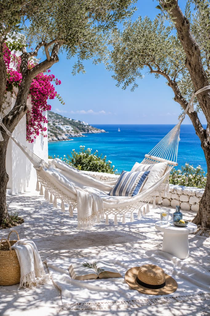 White cotton hammock suspended between olive trees overlooking the Mediterranean Sea with blue and white coastal décor.