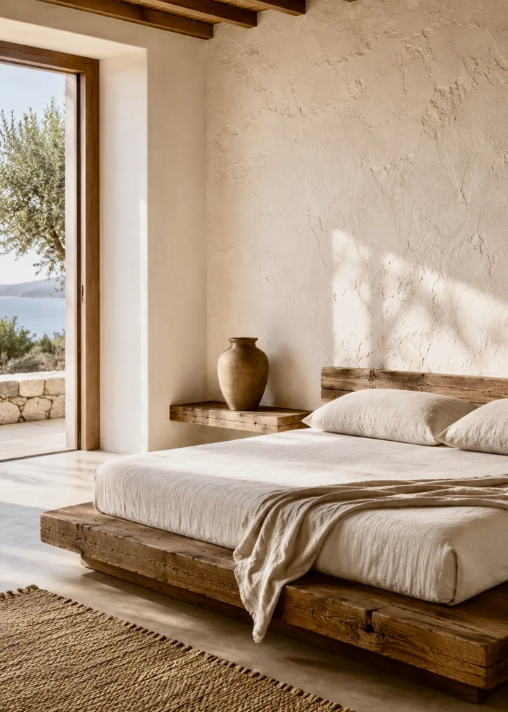 Modern Greek bedroom with a solid timber platform bed, textured plaster wall, handcrafted wood furniture, and minimalist island-inspired décor.