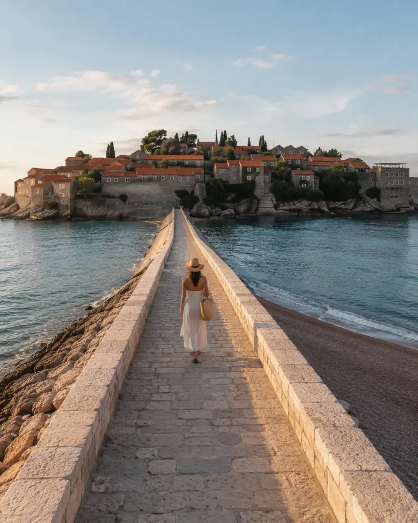 The stone causeway leading to Sveti Stefan, with pink sand beaches, clear Adriatic water, and the fortified medieval village rising beyond. History.