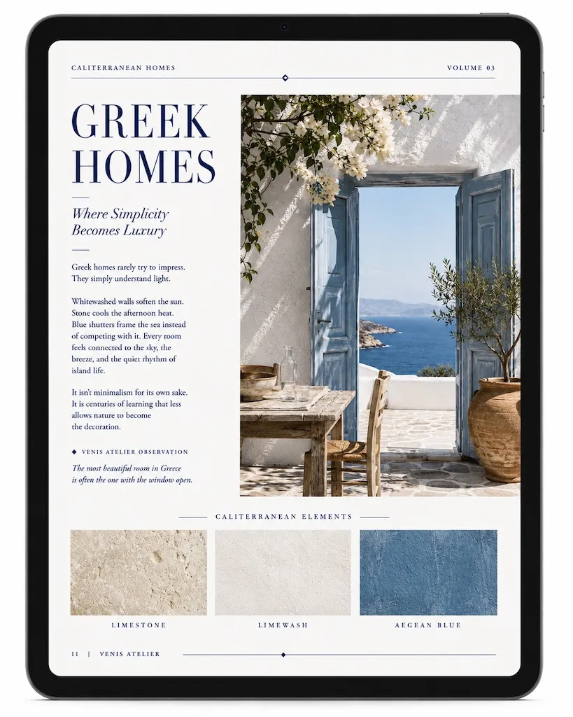 CALITERRANEAN HOMES 5 Traditional Greek coastal home with whitewashed walls, blue shutters, natural wood furniture, and panoramic Aegean Sea views.