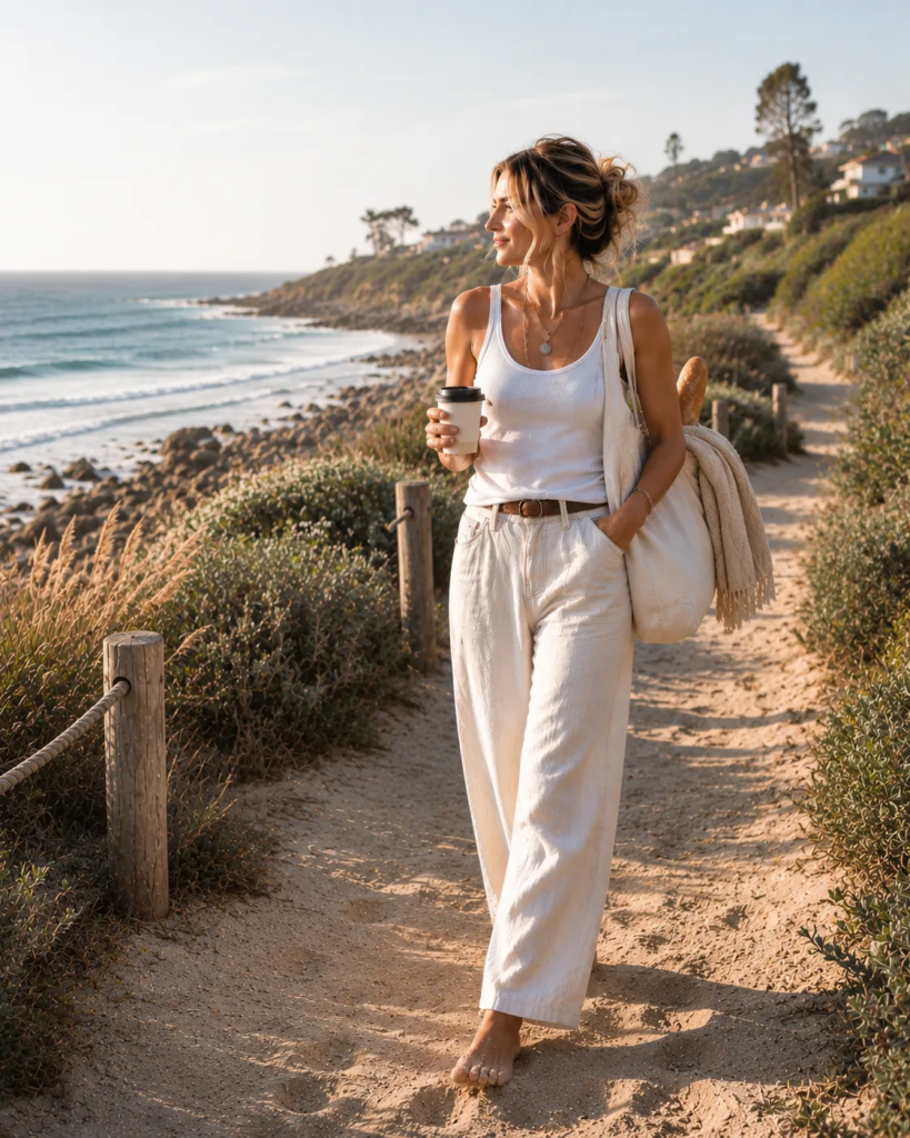 A girl is walking barefoot on the beach with coffee in her hand