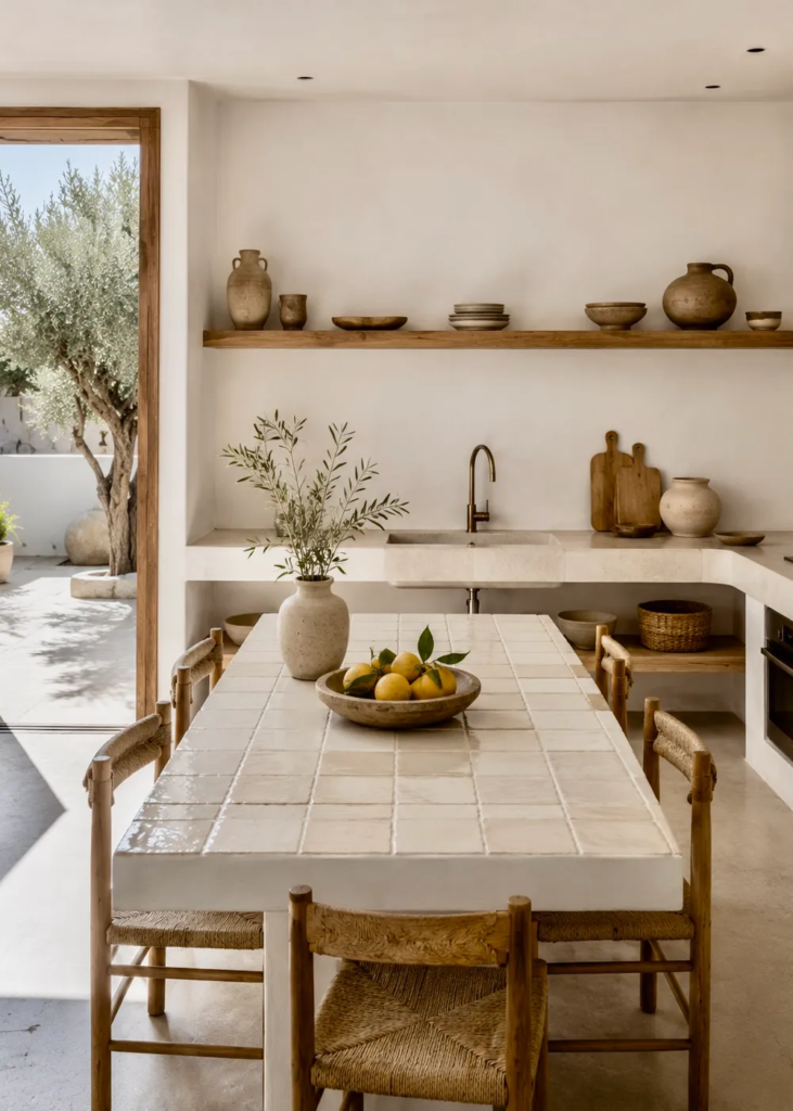 Modern Greek kitchen with a built-in tiled dining table, open timber shelving, handmade pottery, and minimalist island-inspired design.