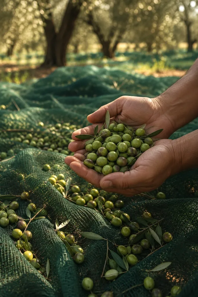 Freshly harvested green olives resting in a worker's hands above traditional olive harvesting nets in Rome.