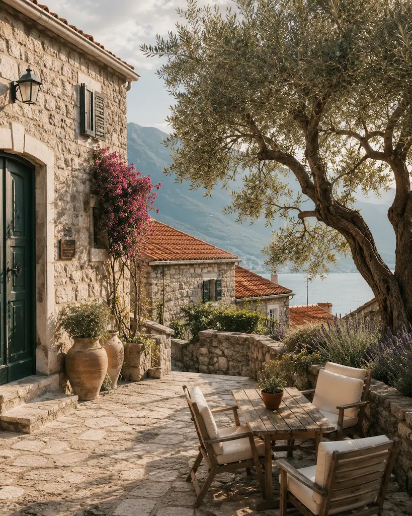 Traditional stone courtyard in Sveti Stefan featuring historic limestone buildings, wooden shutters, olive trees, and Mediterranean architectural details.