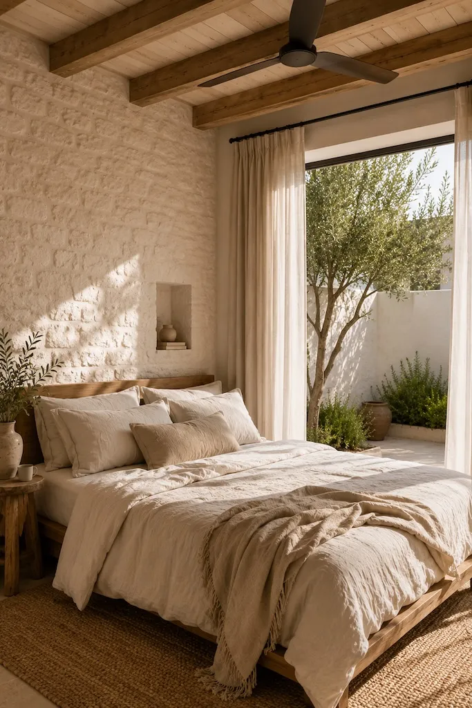 Caliterranean bedroom with linen bedding, stone walls, exposed timber beams, blackout curtains, and peaceful courtyard view