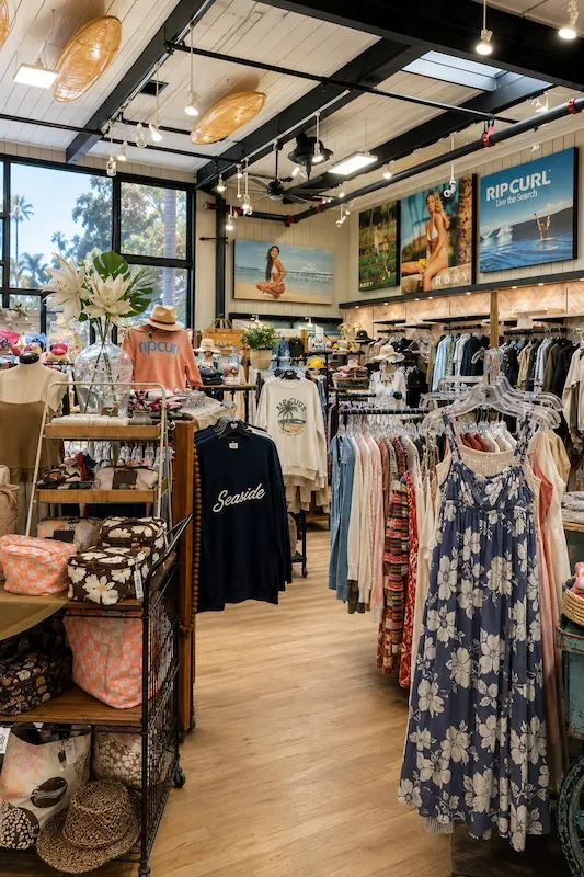 Interior of a California surf boutique displaying coastal clothing, accessories, and surf-inspired lifestyle collections.