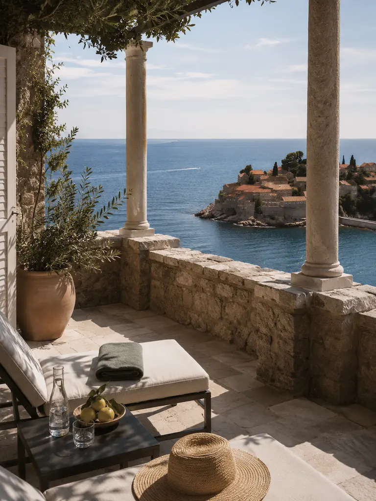 Peaceful stone terrace overlooking the Adriatic Sea near Sveti Stefan, furnished with outdoor seating beneath olive trees and surrounded by coastal vegetation.