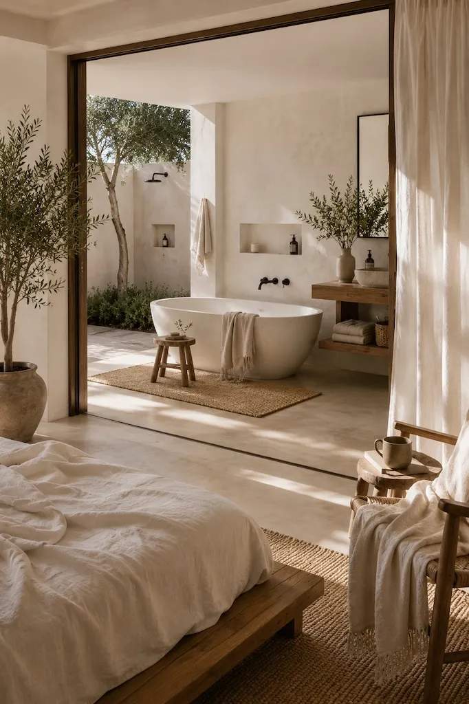 Caliterranean bedroom with linen bedding, stone walls, exposed timber beams, blackout curtains, and peaceful courtyard view