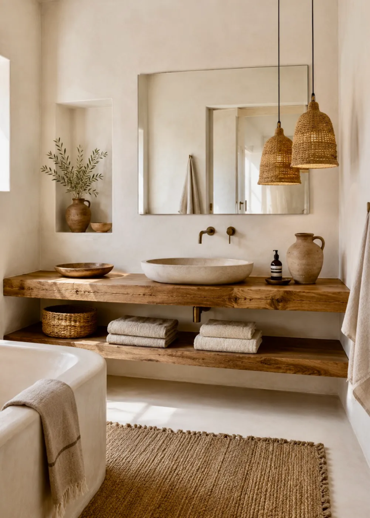 Contemporary Greek bathroom featuring lime-plaster walls, a solid oak shelf vanity, woven pendant lights, open shelving, and handmade pottery.