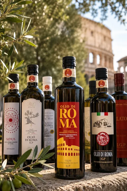 Bottles of Olio di Roma IGP extra virgin olive oil displayed with the Colosseum in the background, celebrating Rome's olive-growing heritage.