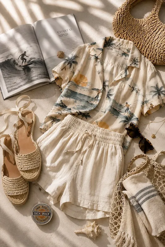 Editorial flat lay of surf-inspired women's fashion featuring a printed coastal shirt, woven accessories, espadrilles, and beach essentials.