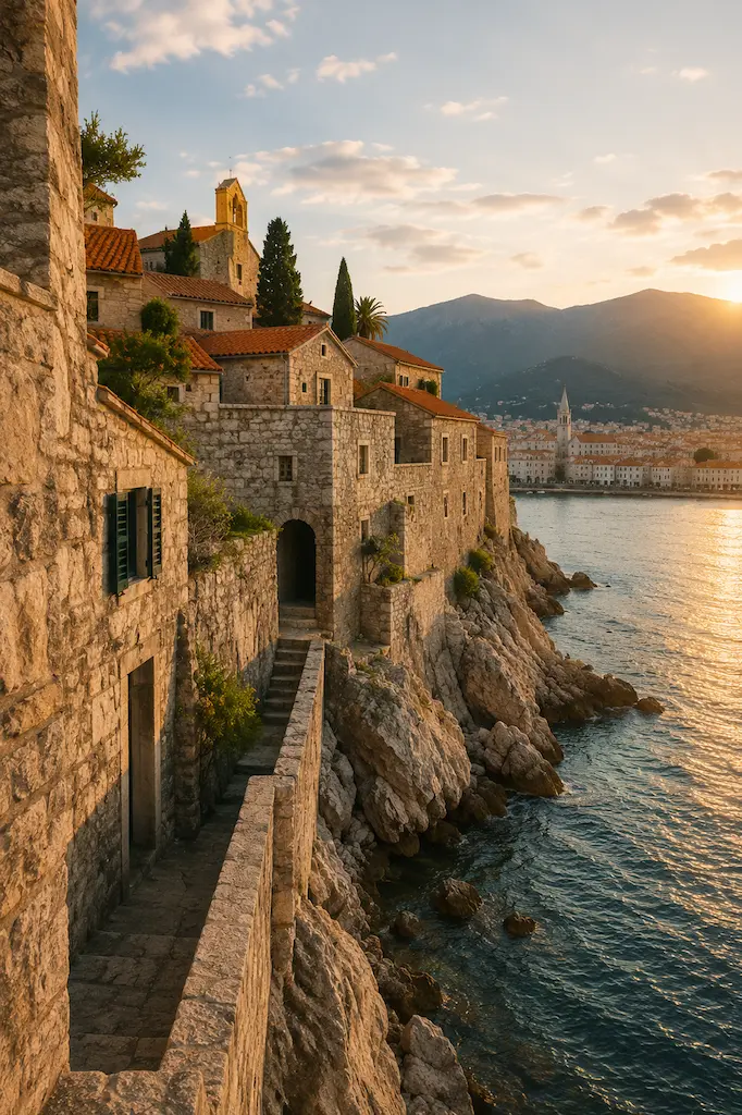 Sunset over Sveti Stefan, with the restored stone village silhouetted against the Adriatic Sea beneath a warm Mediterranean sky.