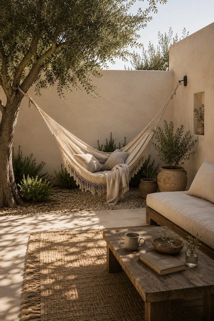 Minimalist Caliterranean courtyard featuring a hammock beneath an olive tree with natural stone, linen, and relaxed outdoor living
