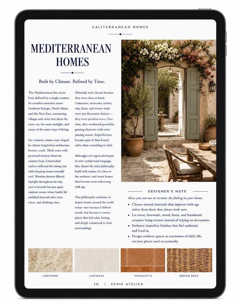 CALITERRANEAN HOMES 4 Mediterranean home design inspiration featuring natural stone walls, timber furniture, open blue doors, terracotta pottery, and flowering vines.