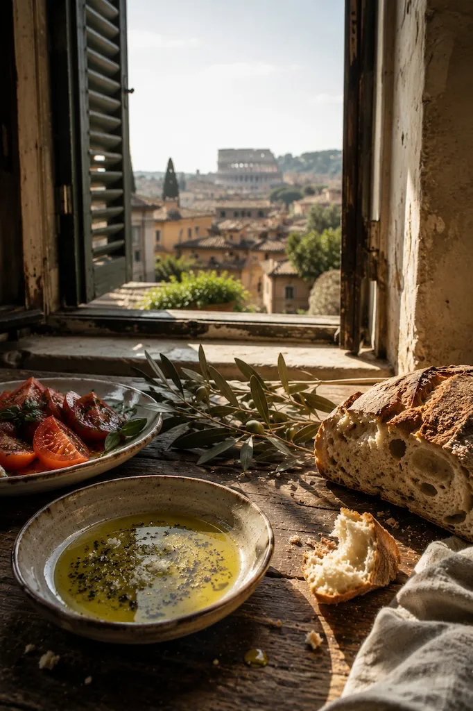Rustic Roman breakfast with olive oil, sourdough bread and tomatoes beside an open window overlooking the distant Colosseum in Rome.