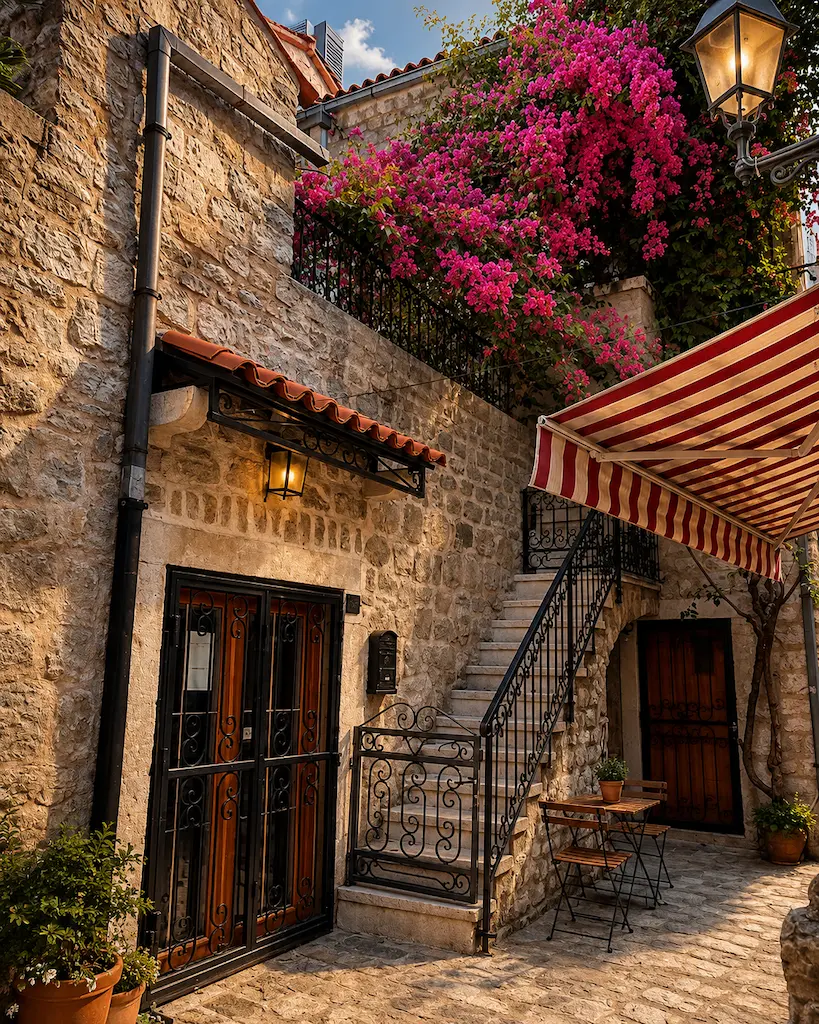 Medieval streets of Budva Old Town lined with centuries-old stone buildings, cafés, and flower-filled alleyways overlooking Montenegro's Adriatic coast.