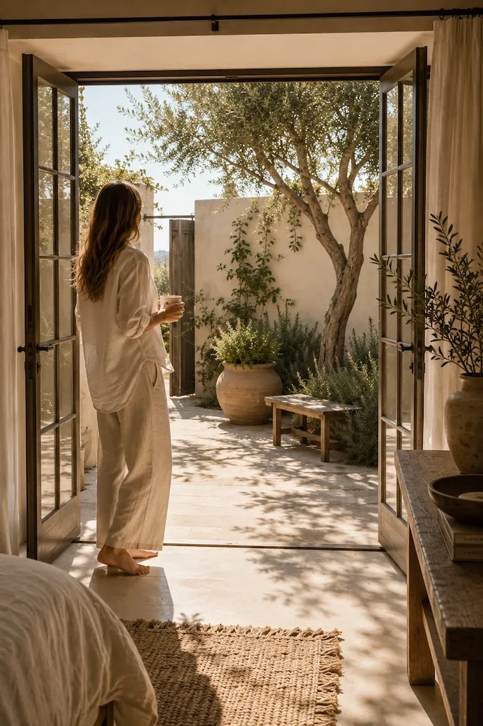 Woman enjoying morning coffee in a Caliterranean home with open French doors connecting indoor and outdoor living
