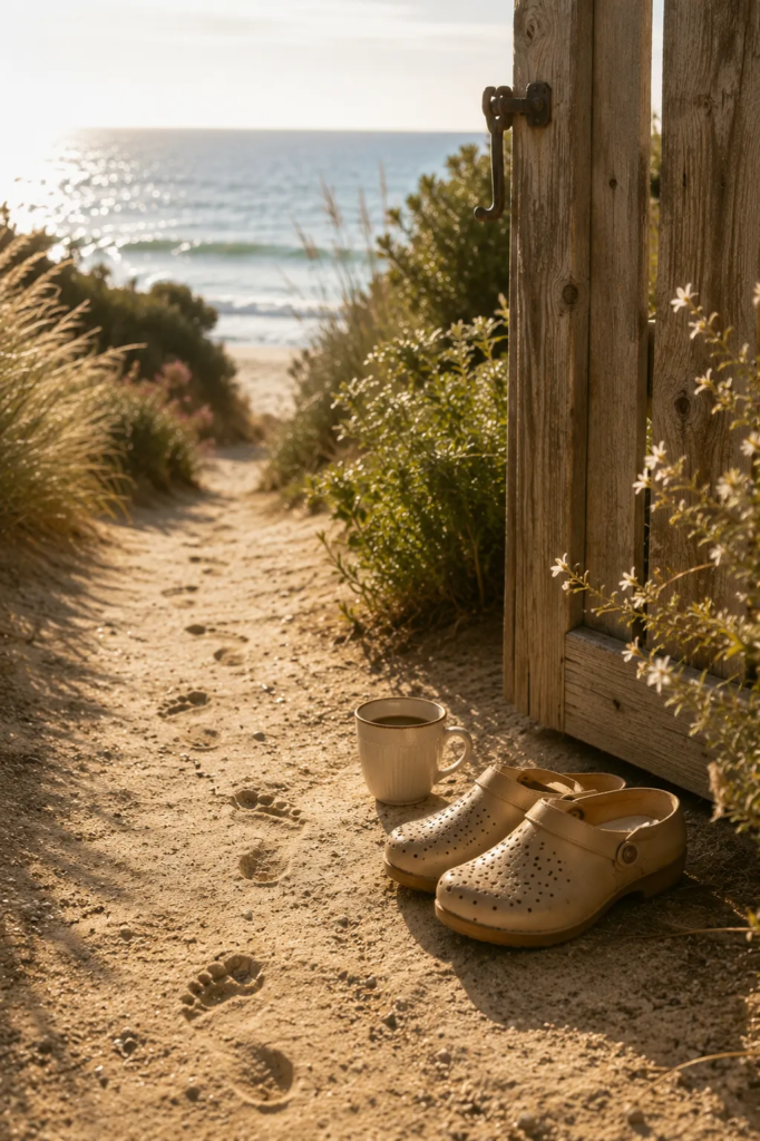 Clogs on the beach part of barefoot lifestyle