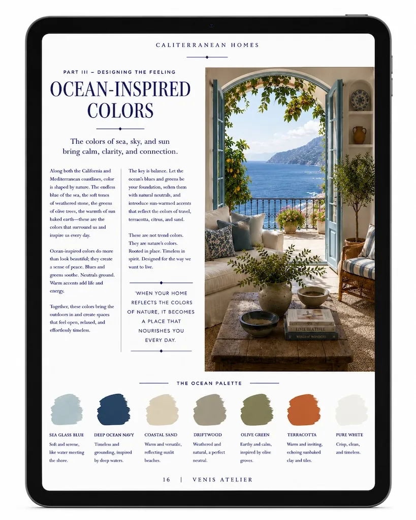 CALITERRANEAN HOMES 6 Coastal interior showcasing a Mediterranean-inspired living room with ocean views and a color palette of sea glass blue, sand, olive green, terracotta, and white.