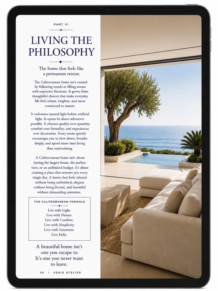 CALITERRANEAN HOMES 7 Caliterranean philosophy editorial page featuring a contemporary coastal home with open architecture, infinity pool, olive tree, and Pacific Ocean views.