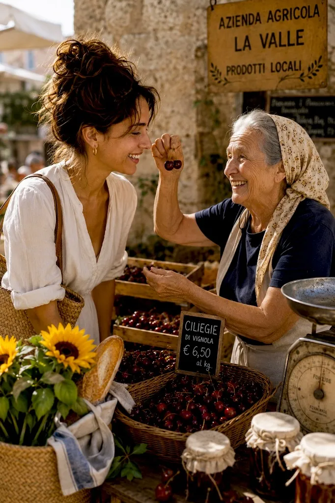 Woman buying fresh cherries from an elderly vendor at a traditional Mediterranean farmers' market.