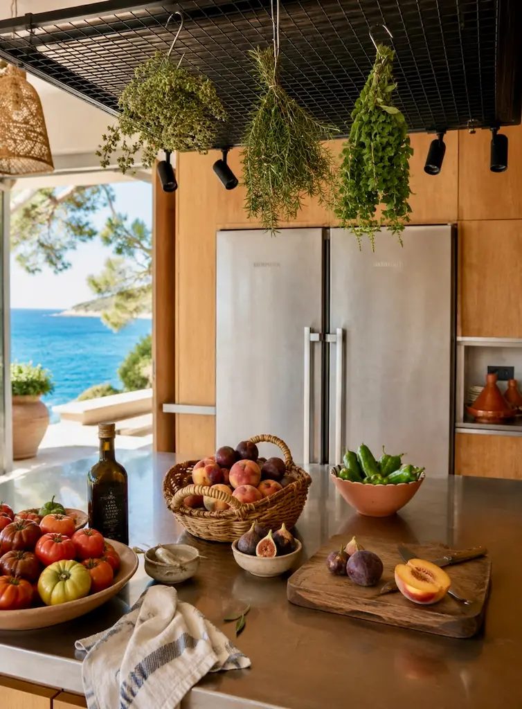 Modern coastal kitchen with hanging herbs, seasonal August peaches, tomatoes, figs, nectarines, and zucchini arranged on a sunlit island overlooking the sea.