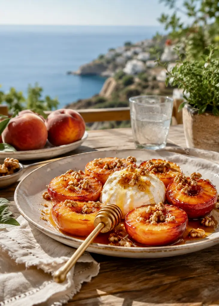 Grilled August peaches served with creamy mascarpone, honey, and walnuts on a rustic table overlooking the Mediterranean Sea.