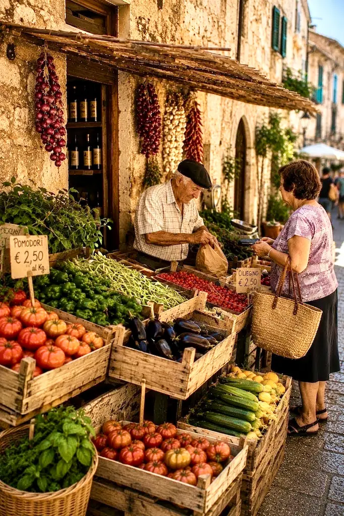 Small Mediterranean village produce stand with seasonal tomatoes, figs, zucchini, herbs, and local vegetables displayed outside a family-run shop.