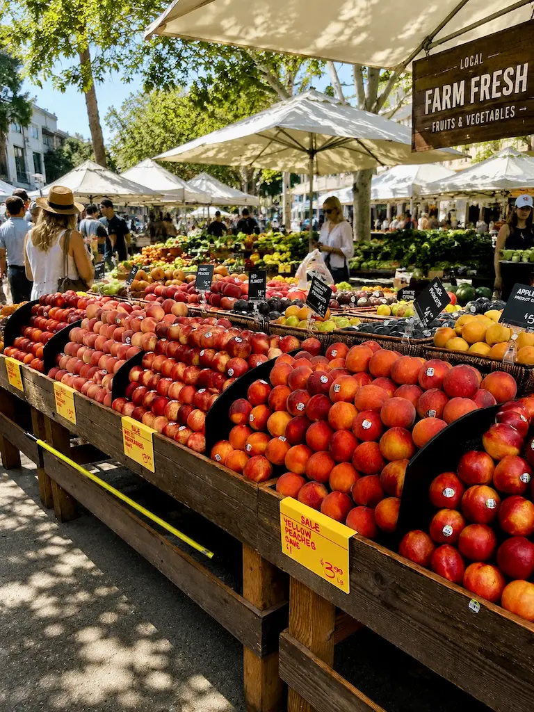 Fresh peaches and nectarines displayed at a California farmers market during August, celebrating the peak of the summer harvest.