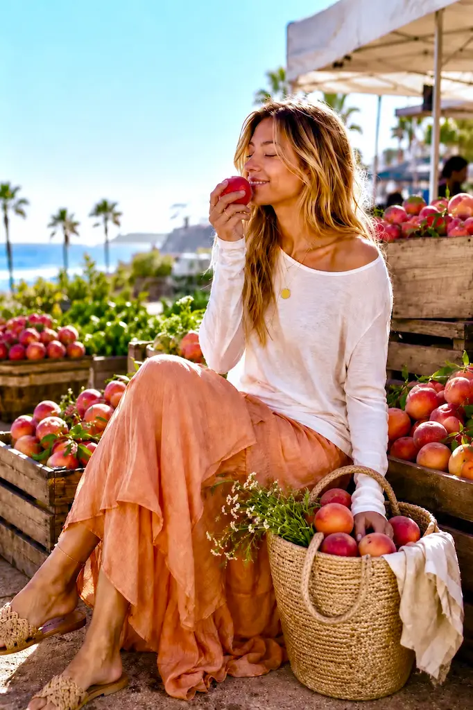 Woman tasting peaches with fresh August produce while sitting in the Encinitas Farmers Market in coastal California.