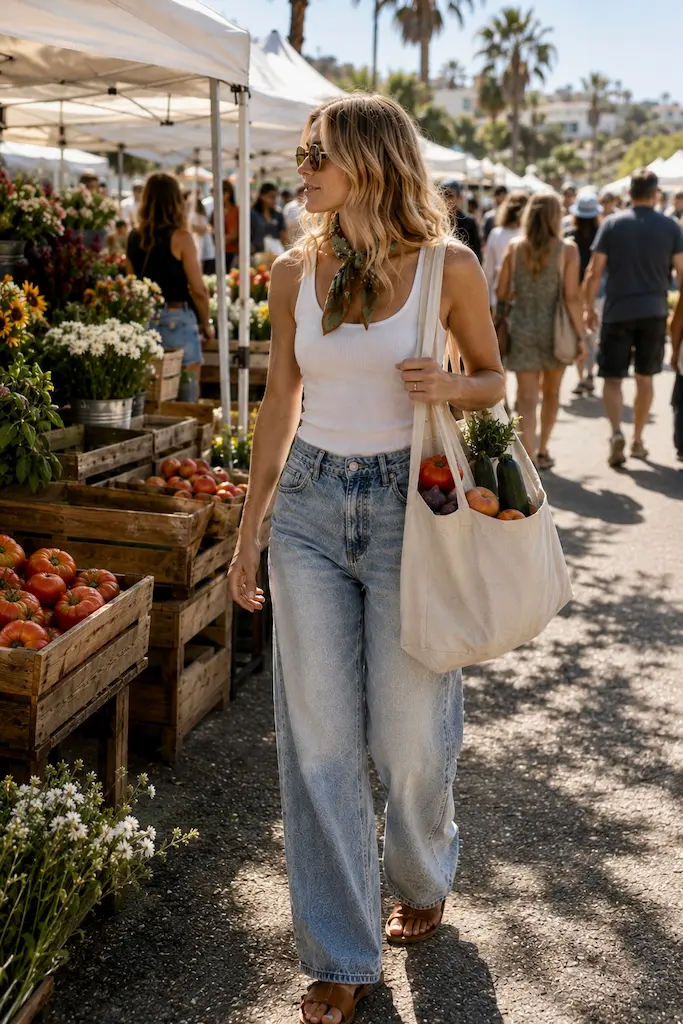 Woman carrying a canvas tote with fresh August produce while walking through the Encinitas Farmers Market in coastal California.