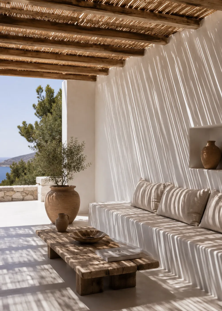 Greek island terrace beneath a reed pergola casting striped shadows across white plaster walls and built-in seating with natural materials.