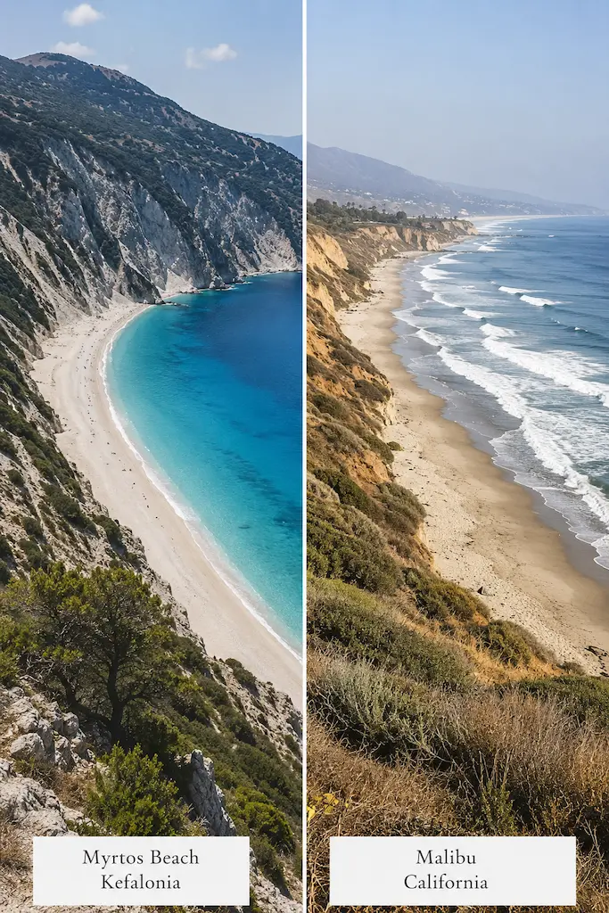 Side-by-side coastal illustrations inspired by Myrtos Beach, Kefalonia, and Malibu, California, showing turquoise shallows and Pacific surf.