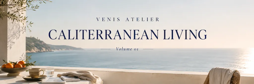 Sunlit Mediterranean terrace overlooking the sea with coffee, oranges, linen, and a calm coastal horizon representing the Caliterranean lifestyle.