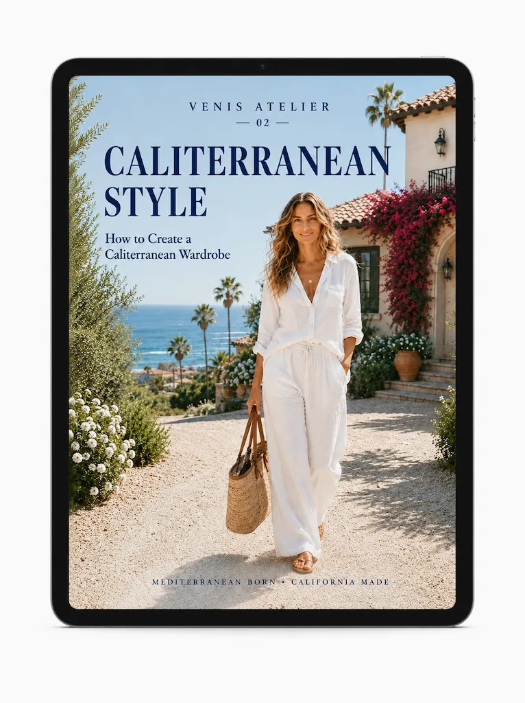 CALITERRANEAN STYLE 2 Coastal fashion editorial featuring linen clothing, a woven tote, espadrilles, and a Mediterranean-inspired ocean view representing the Caliterranean style.