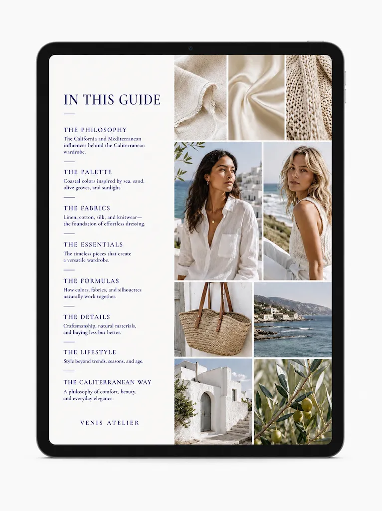 CALITERRANEAN STYLE 3 Coastal fashion editorial featuring linen clothing, a woven tote, espadrilles, and a Mediterranean-inspired ocean view representing the Caliterranean style.