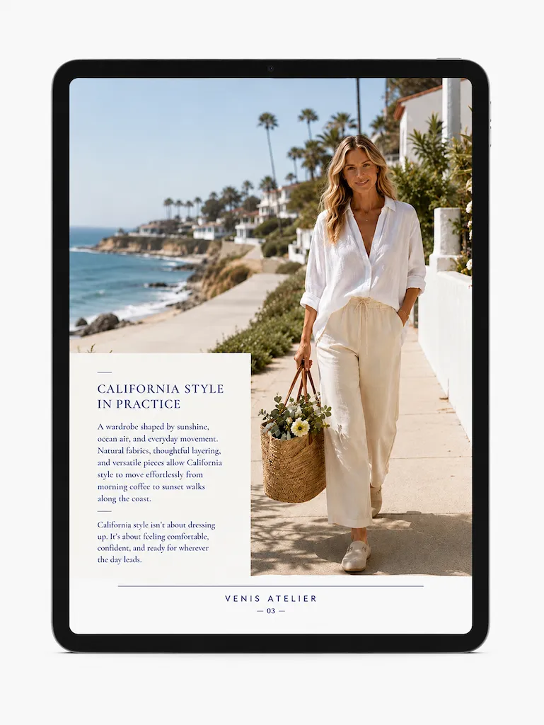 CALITERRANEAN STYLE 4 Coastal fashion editorial featuring linen clothing, a woven tote, espadrilles, and a Mediterranean-inspired ocean view representing the Caliterranean style.