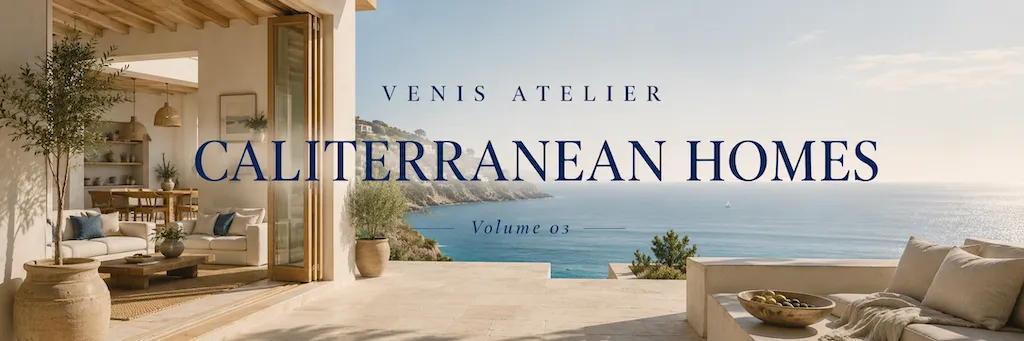 Caliterranean Homes digital guide, featuring a California–Mediterranean coastal home overlooking the ocean.