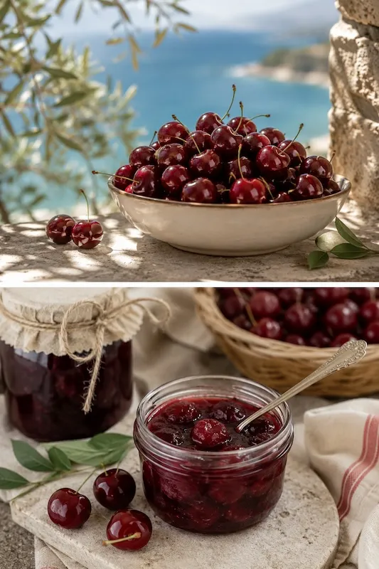 Fresh California sweet cherries in a ceramic bowl during peak summer harvest.